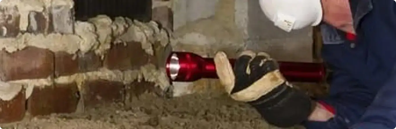 Pest control technician inspecting a crawl space for ant activity in Penfield, NY