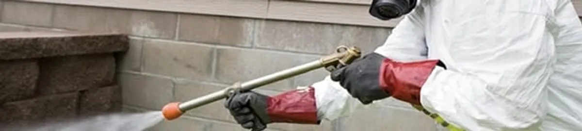 Pest control technician applying exterior insect treatment along a home foundation in Rochester, NY