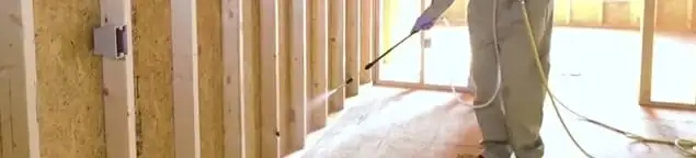 Termite treatment technician applying spray along framing and unfinished walls in Rochester, NY
