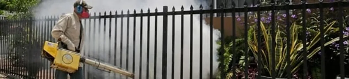Mosquito control technician fogging a yard perimeter for mosquito reduction in Rochester, NY
